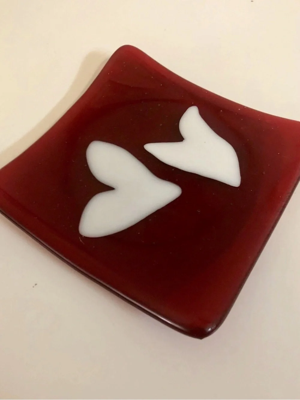 Red Fused Glass Trinket Dish with White Heart Accents
